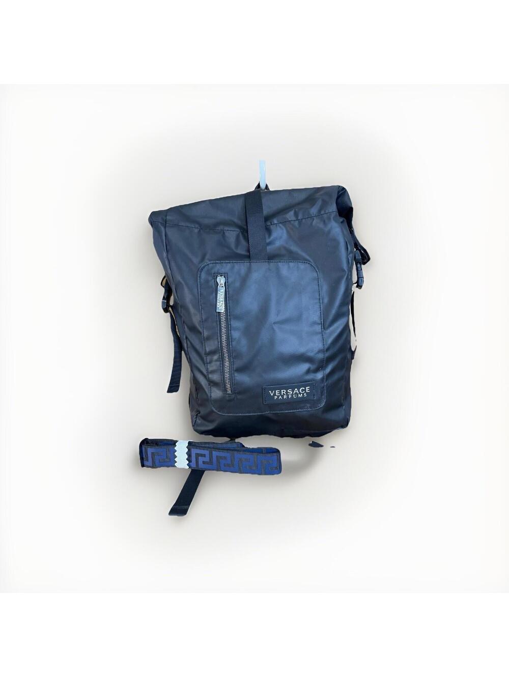 Versace Parfums Black Blue Nylon Roll-Top Backpack Greek Key Straps Promotional